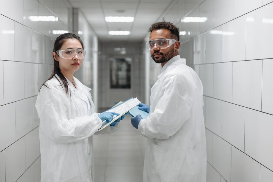 Two scientists in protective gear reviewing data in a laboratory setting.